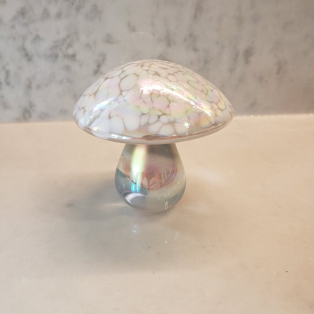 White speckled glass mushroom with pearl finish